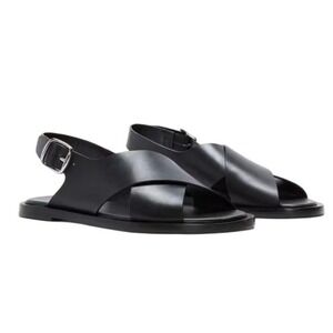 EVERLANE‎ Leather Crossover Sandals Black Minimalist Slide Flats Women's 11